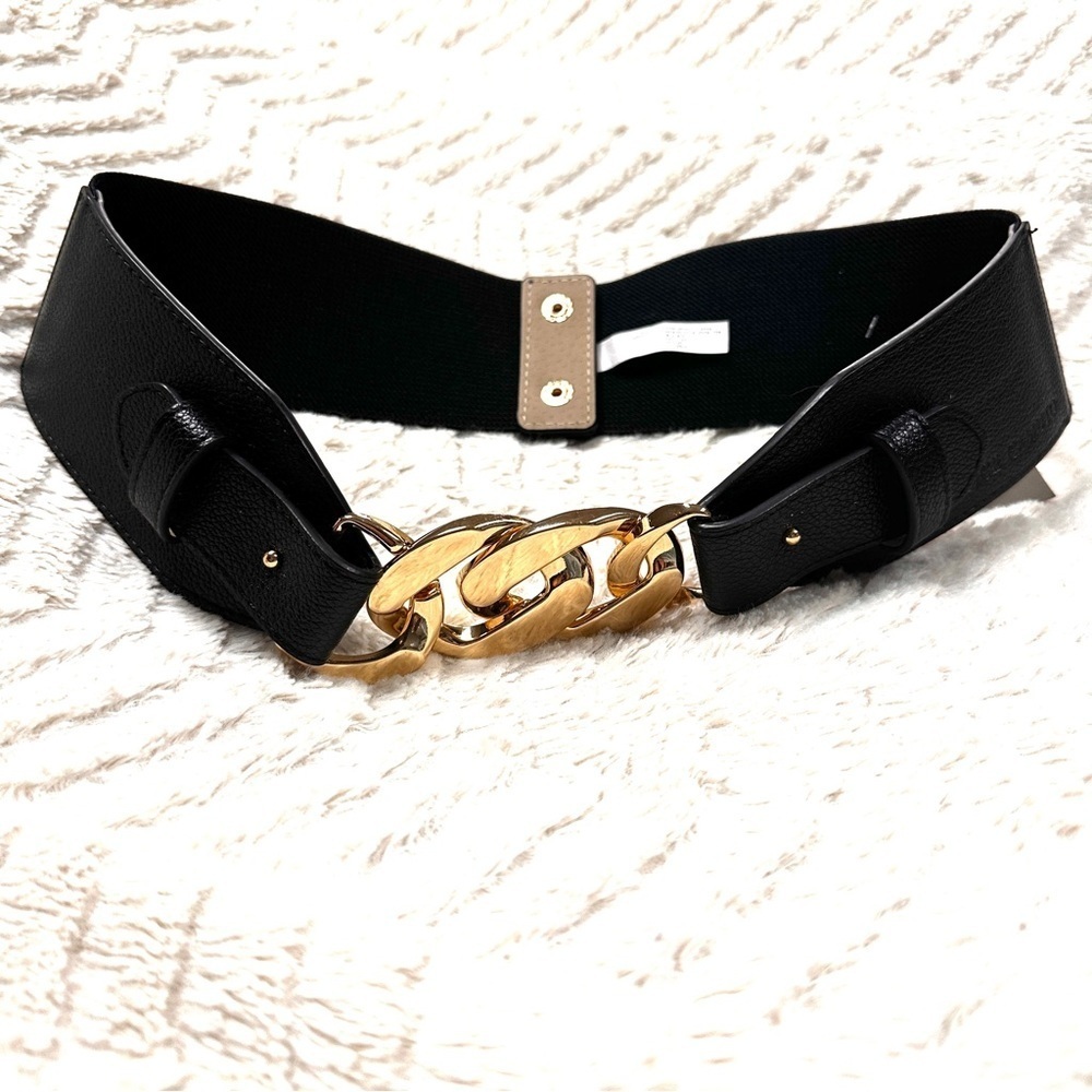 Vince Camuto Statement Belt Black Stretch Gold Chain,  Snaps in Back, S/M NWT